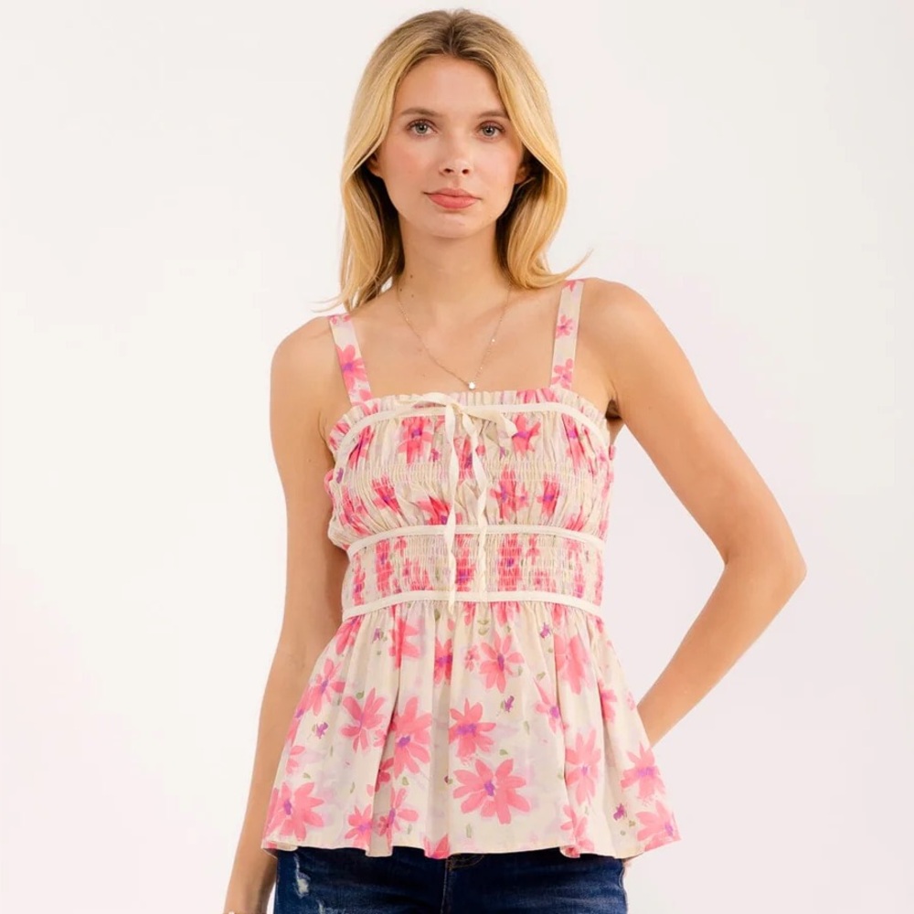 101 • Women's Pink Floral Smocked Tank Top | Cotton Smock Summer Peplum Tank Top